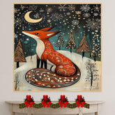 Magical Winter Fox Canvas – Red Fox with Snowflakes and Trees Under a Starry Night Sky and Crescent Moon on Ready to Hang 1.5" Thick Canvas Wrap, Floating Framed Canvas, Flat Rolled Canvas